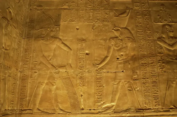 Framed Print : Relief of the Pharaoh making offerings to Horus, Temple of Edfu, Egypt, Ptolemaic period, (2003). Creator: LTL