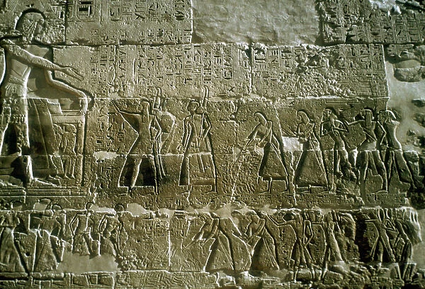 Relief of Rameses III receiving tribute, Mortuary Temple, Medinat Habu, Egypt, c12th centuryBC