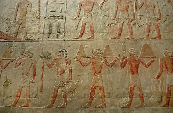 Framed Print : Relief showing offering bearers, Mastaba of Ti, Egypt, 5th Dynasty, Old Kingdom, c2400 BC (2003). Creator: Unknown Framed Print : Relief showing offering bearers, Mastaba of Ti, Egypt, 5th Dynasty, Old Kingdom, c2400 BC (2003). Creator: Unknown