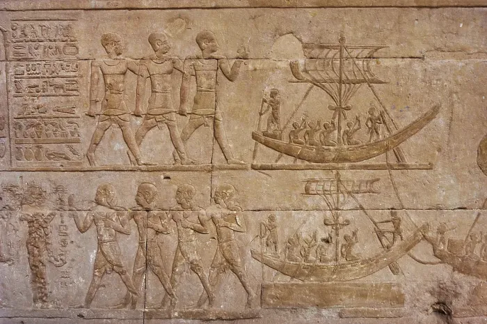 Framed Print : Reliefs depicting Egyptians and boats, Temple of Edfu, Egypt, Ptolemaic period, 237-57 BC (2003). Creator: LTL Framed Print : Reliefs depicting Egyptians and boats, Temple of Edfu, Egypt, Ptolemaic period, 237-57 BC (2003). Creator: LTL