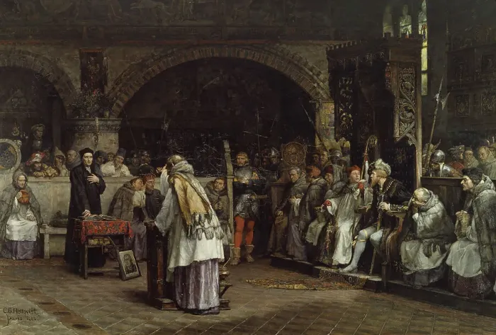 Framed Print : Religious Discourse between Olaus Petri and Peder Galle, 1883. Creator: Carl Gustaf Hellqvist Framed Print : Religious Discourse between Olaus Petri and Peder Galle, 1883. Creator: Carl Gustaf Hellqvist