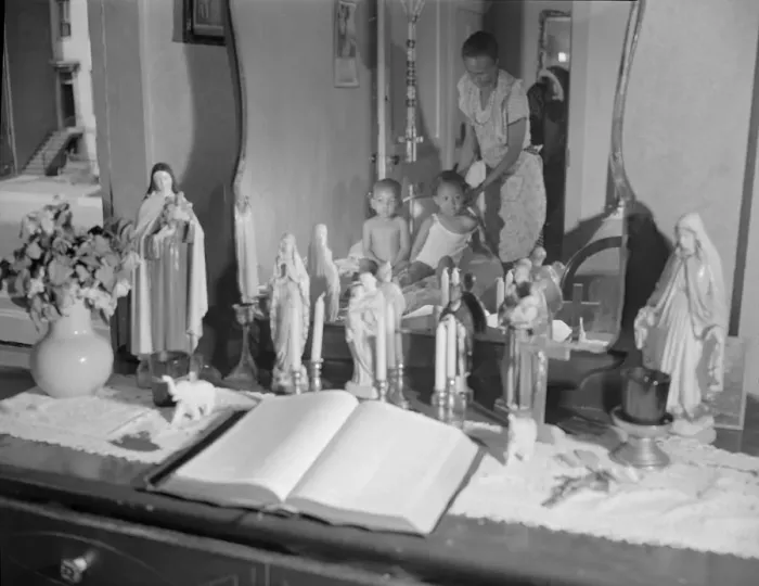 Framed Print : Religious objects and an improved altar in the bedroom... Washington, D.C. 1942. Creator: Gordon Parks Framed Print : Religious objects and an improved altar in the bedroom... Washington, D.C. 1942. Creator: Gordon Parks