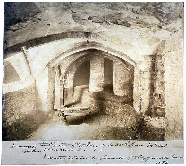 Remains of the cloisters of St Bartholomew-the-Great prior to their removal, City of London, 1872