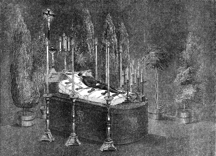 Framed Print : The Remains of His Highness the Prince de Schinas Lying in State, at Spa, 1856. Creator: Unknown Framed Print : The Remains of His Highness the Prince de Schinas Lying in State, at Spa, 1856. Creator: Unknown