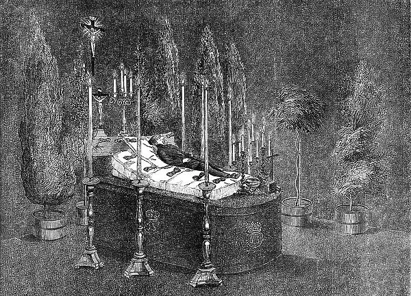 The Remains of His Highness the Prince de Schinas Lying in State, at Spa, 1856. Creator: Unknown
