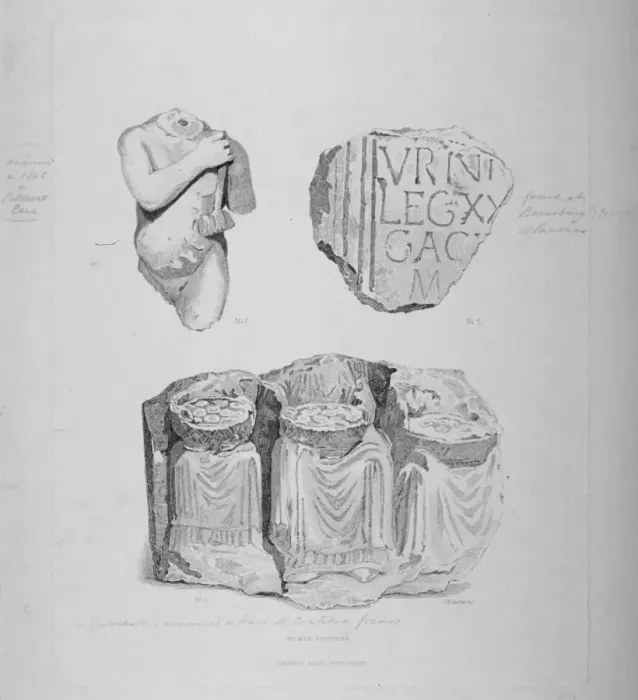 Framed Print : Remains of two Roman statues and an inscription on stone, 1850 Framed Print : Remains of two Roman statues and an inscription on stone, 1850