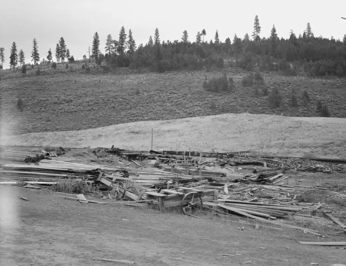Framed Print : The remains of the sawmill in a deserted mill town, Tamarack, Adams County, Idaho, 1939. Creator: Dorothea Lange Framed Print : The remains of the sawmill in a deserted mill town, Tamarack, Adams County, Idaho, 1939. Creator: Dorothea Lange