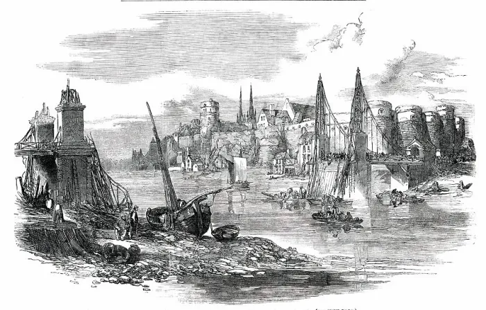 Framed Print : Remains of the Suspension-Bridge at Angers, after the Late Accident, 1850. Creator: Unknown Framed Print : Remains of the Suspension-Bridge at Angers, after the Late Accident, 1850. Creator: Unknown
