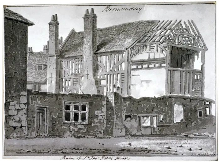 Framed Print : Remains of Thomas Popes house, Mill Lane, Bermondsey, London, 1808 Framed Print : Remains of Thomas Popes house, Mill Lane, Bermondsey, London, 1808