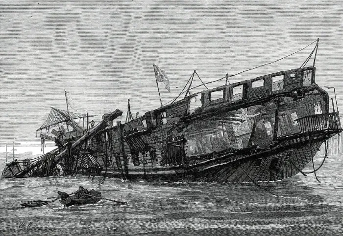 Framed Print : Remains of the Warspite training-ship at low tide, 1876. Creator: Unknown Framed Print : Remains of the Warspite training-ship at low tide, 1876. Creator: Unknown