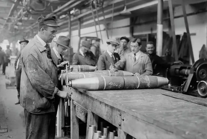 Framed Print : Removing nose from 6 inch shell, between c1915 and c1920. Creator: Bain News Service Framed Print : Removing nose from 6 inch shell, between c1915 and c1920. Creator: Bain News Service