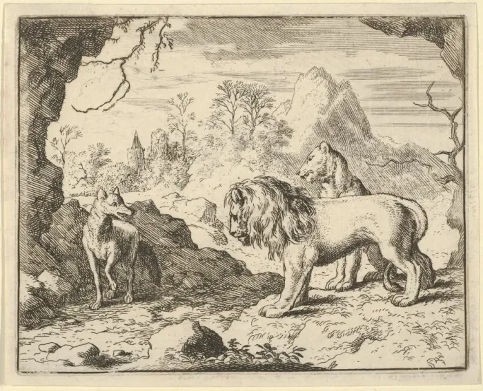 Framed Print : Renard Convinces the Lion and Lioness of Finding a Treasure His Father Stole from Them Framed Print : Renard Convinces the Lion and Lioness of Finding a Treasure His Father Stole from Them