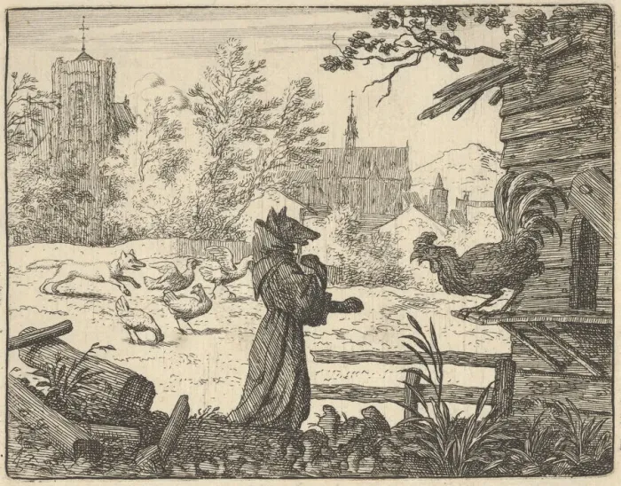 Framed Print : Renard, Disguised as a Monk, Gains the Confidence of the Rooster, 1650-75 Framed Print : Renard, Disguised as a Monk, Gains the Confidence of the Rooster, 1650-75