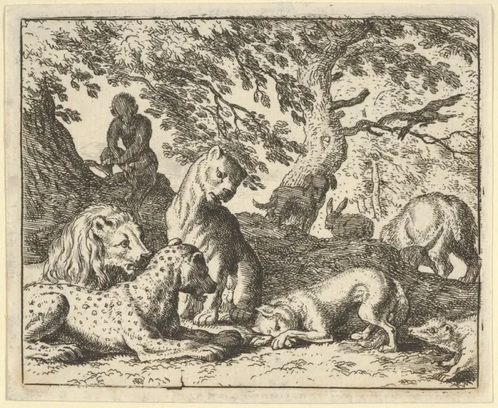 Framed Print : Renard Falsely Accuses His Father of Conspiring Against the Lion, 1650-75 Framed Print : Renard Falsely Accuses His Father of Conspiring Against the Lion, 1650-75