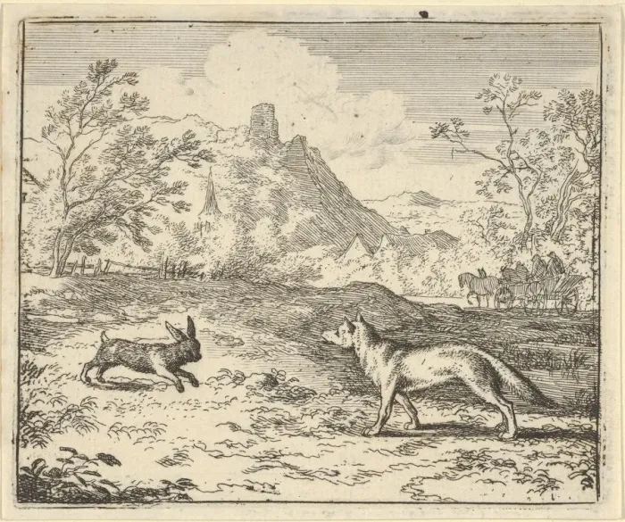 Framed Print : Renard Lies that the Rabbit Insulted One of His Children, 1650-75 Framed Print : Renard Lies that the Rabbit Insulted One of His Children, 1650-75