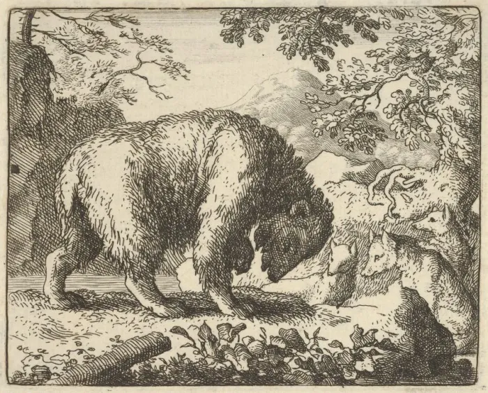 Framed Print : Renard Promises the Bear to Take Him to a Place Where He Will Find Honey, 1650-75 Framed Print : Renard Promises the Bear to Take Him to a Place Where He Will Find Honey, 1650-75