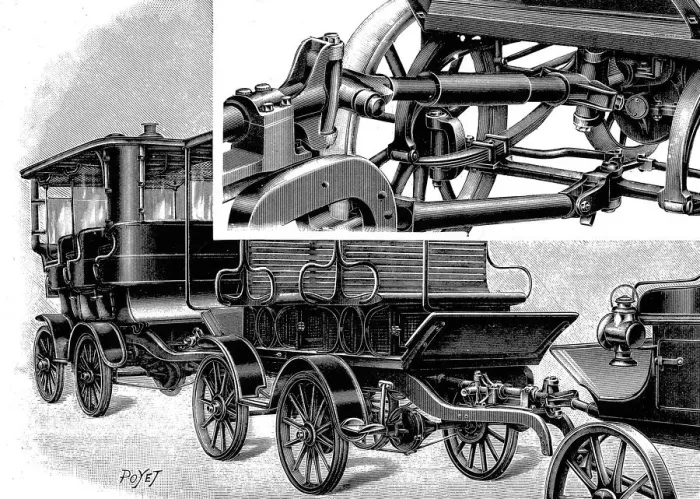 Framed Print : Renards automobile train, showing coupling (top right) and a train of wagons, 1904 Framed Print : Renards automobile train, showing coupling (top right) and a train of wagons, 1904