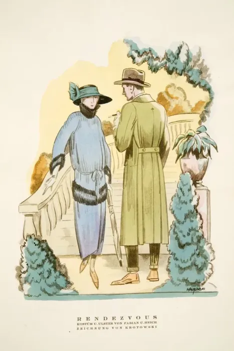 Framed Print : Rendezvous, outfit and Ulster overcoat by Fabian & Hrich from Styl, pub. 1922 Framed Print : Rendezvous, outfit and Ulster overcoat by Fabian & Hrich from Styl, pub. 1922