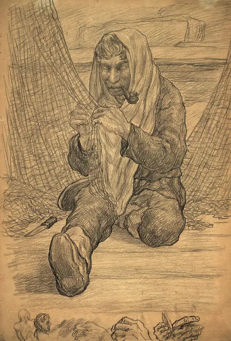 Framed Print : Repairing the net, 1928. Creator: Dmitrii Innokent'evich Karatanov Framed Print : Repairing the net, 1928. Creator: Dmitrii Innokent'evich Karatanov