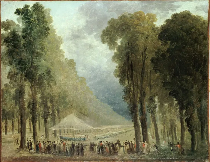 Framed Print : Repas servi aux troupes dans une allée des Champs-Elysées ou dans le parc de Saint-Cloud, c1790. Creator: Hubert Robert Framed Print : Repas servi aux troupes dans une allée des Champs-Elysées ou dans le parc de Saint-Cloud, c1790. Creator: Hubert Robert