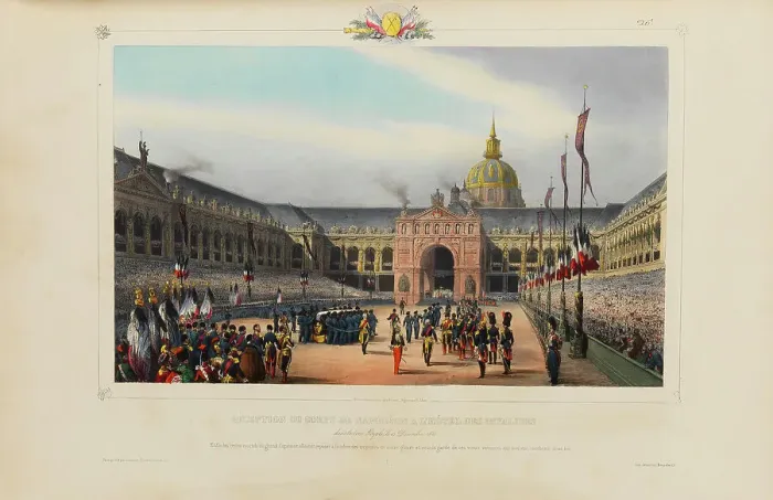 Framed Print : Repatriation of Napoleon's body from the island of St. Helena to Paris and his burial, 1840. Creator: Arnout, Louis Jules (1814-1868) Framed Print : Repatriation of Napoleon's body from the island of St. Helena to Paris and his burial, 1840. Creator: Arnout, Louis Jules (1814-1868)