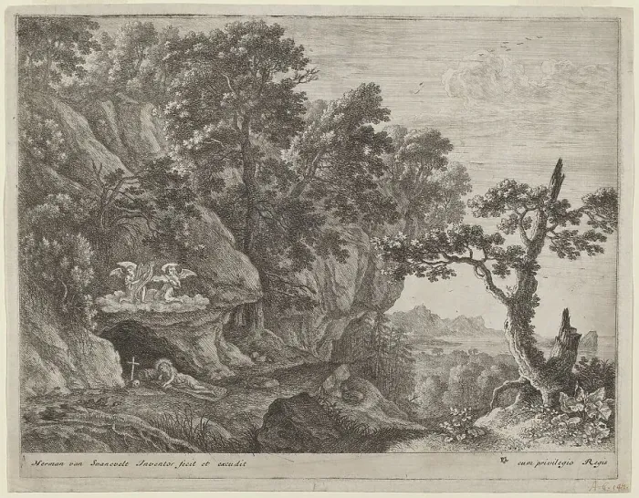 Framed Print : The Repentant Magdalene in a Landscape. Creator: Herman van Swanevelt Framed Print : The Repentant Magdalene in a Landscape. Creator: Herman van Swanevelt