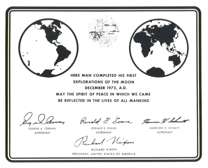 Framed Print : Replica of the plaque left on the Moon by Apollo 17 astronauts, 1972. Creator: NASA Framed Print : Replica of the plaque left on the Moon by Apollo 17 astronauts, 1972. Creator: NASA