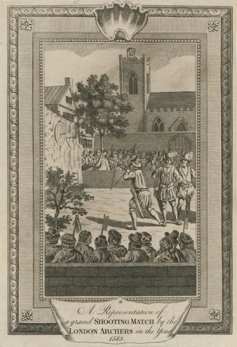 Framed Print : A Representation of a grand Shooting Match by the London Archers in the year 1583 Framed Print : A Representation of a grand Shooting Match by the London Archers in the year 1583