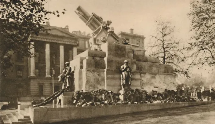 Framed Print : Representation in Stone of a 9-Inch Howitzer That Caused Great Controversy, c1935