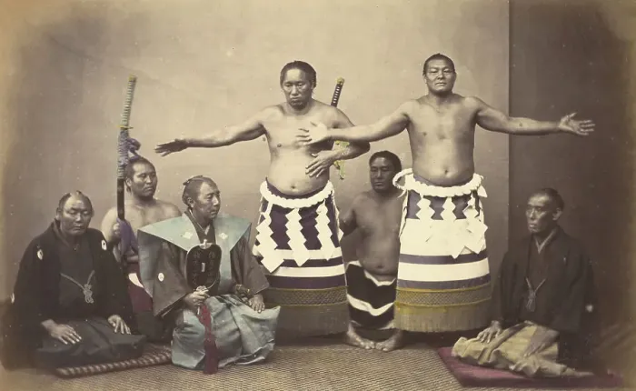 Framed Print : Representatives of Nio, the Japanese Hercules, 1868. Creator: Felice Beato Framed Print : Representatives of Nio, the Japanese Hercules, 1868. Creator: Felice Beato