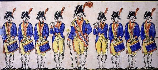 Reproduction of a cutout of a military music band, engraving, 1830s