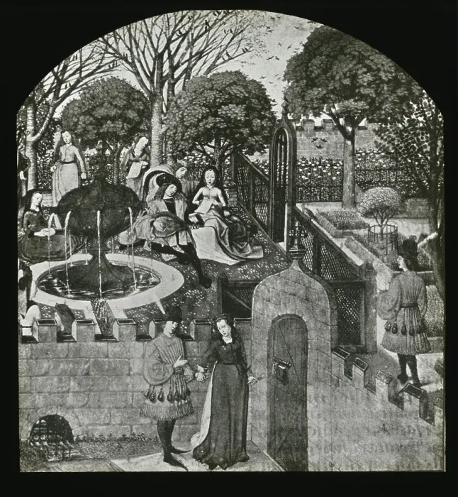 Framed Print : Reproduction of illustration showing an enclosed garden, between 1915 and 1925. Creator: Frances Benjamin Johnston Framed Print : Reproduction of illustration showing an enclosed garden, between 1915 and 1925. Creator: Frances Benjamin Johnston