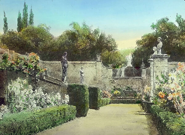 Reproduction of illustration showing a garden with statues, between 1915 and 1925. Creator: Frances Benjamin Johnston