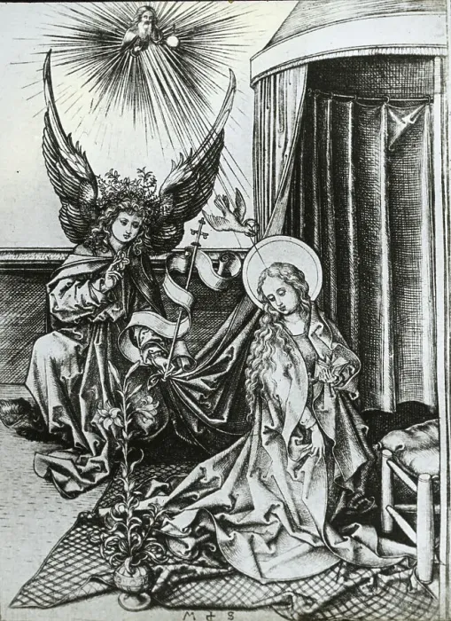 Framed Print : Reproduction of print: Annunciation, between 1915 and 1925. Creator: Martin Schongauer Framed Print : Reproduction of print: Annunciation, between 1915 and 1925. Creator: Martin Schongauer