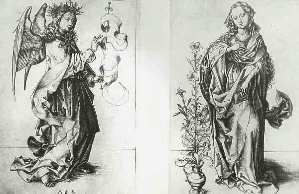 Reproduction of print showing: Madonna and Archangel Gabriel, between 1915 and 1925. Creator: Martin Schongauer