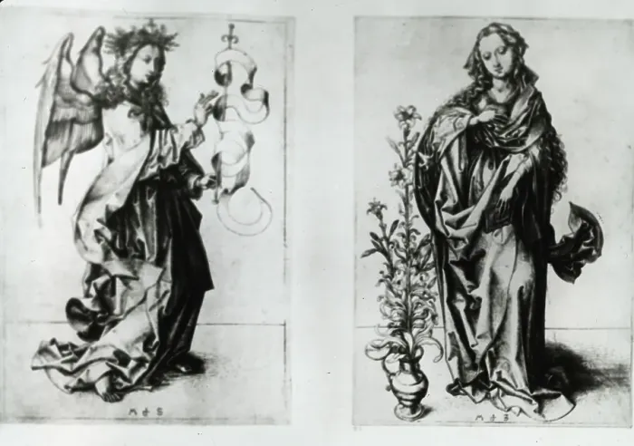 Framed Print : Reproduction of print showing: Madonna and Archangel Gabriel, between 1915 and 1925. Creator: Martin Schongauer Framed Print : Reproduction of print showing: Madonna and Archangel Gabriel, between 1915 and 1925. Creator: Martin Schongauer
