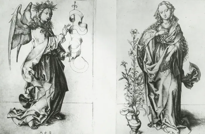 Framed Print : Reproduction of print showing: Madonna and Archangel Gabriel, between 1915 and 1925. Creator: Martin Schongauer Framed Print : Reproduction of print showing: Madonna and Archangel Gabriel, between 1915 and 1925. Creator: Martin Schongauer