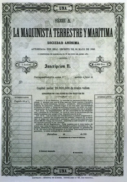 Framed Print : Reproduction of a share of the company Maquinista Terrestre y Maritima, S. A Framed Print : Reproduction of a share of the company Maquinista Terrestre y Maritima, S. A