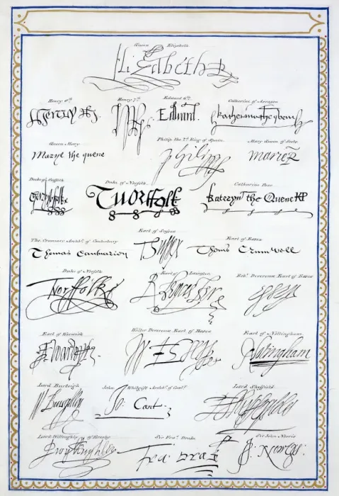 Framed Print : Reproduction of the signatures of the Tudors and members of their court, 1825. Artist: Sarah Framed Print : Reproduction of the signatures of the Tudors and members of their court, 1825. Artist: Sarah
