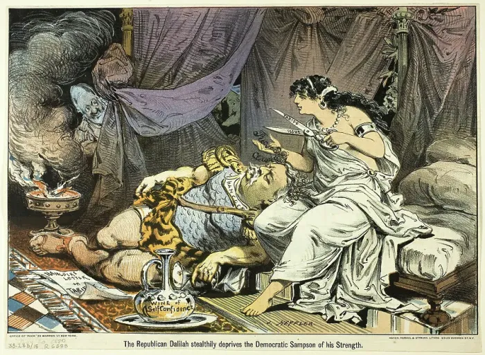 Framed Print : The Republican Dalilah Stealthily deprives the Democratic Sampson... published November 10, 1880. Creator: Joseph Keppler Framed Print : The Republican Dalilah Stealthily deprives the Democratic Sampson... published November 10, 1880. Creator: Joseph Keppler