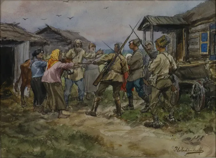 Framed Print : Requisition of cattle for the Red Army in a village near Luga, 1920 Framed Print : Requisition of cattle for the Red Army in a village near Luga, 1920