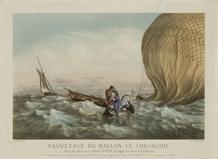 Framed Print : The rescue of Jules and Caroline Duruof from their balloon Le Tricolore off the coast of... 1874. Creator: Anonymous. The rescue of Jules and Caroline Duruof from their balloon Le Tricolore off the coast of... 1874 Framed Print : The rescue of Jules and Caroline Duruof from their balloon Le Tricolore off the coast of... 1874. Creator: Anonymous. The rescue of Jules and Caroline Duruof from their balloon Le Tricolore off the coast of... 1874
