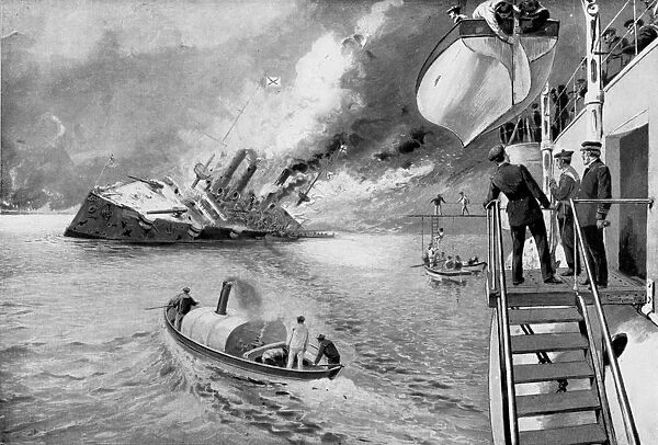 Rescuing survivors from sinking Russian vessel, Russo-Japanese War, 1904