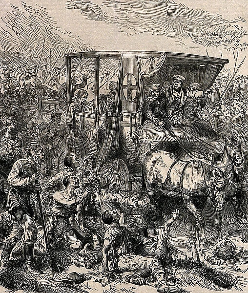 Rescuing the wounded Russian Soldiers from the Battlefield, ca 1878. Artist: Anonymous