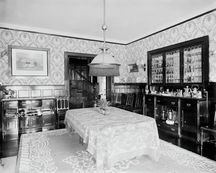 Framed Print : Residence of Dr. J.H. Lancashire, dining room, Alma, Mich. between 1900 and 1910. Creator: Unknown Framed Print : Residence of Dr. J.H. Lancashire, dining room, Alma, Mich. between 1900 and 1910. Creator: Unknown