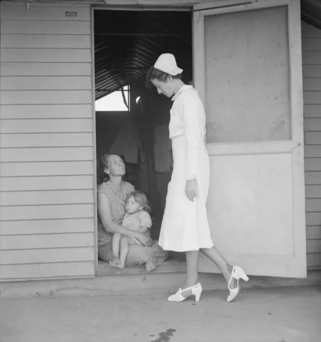 Framed Print : Resident nurse come to visit family, FSA camp, Farmersville, Tulare County, 1939. Creator: Dorothea Lange Framed Print : Resident nurse come to visit family, FSA camp, Farmersville, Tulare County, 1939. Creator: Dorothea Lange