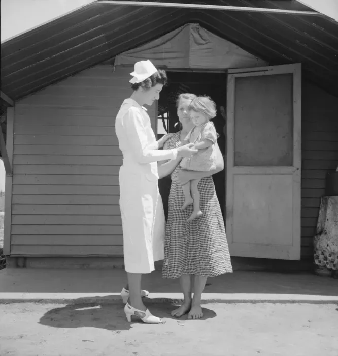 Framed Print : Resident nurse come to visit family, FSA camp, Farmersville, Tulare County, 1939. Creator: Dorothea Lange Framed Print : Resident nurse come to visit family, FSA camp, Farmersville, Tulare County, 1939. Creator: Dorothea Lange