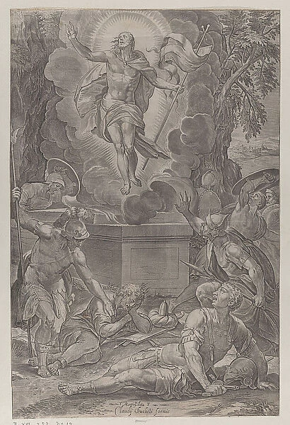 The Ressurection, with soldiers in various stages of wakefulness in front of the tomb, ... 1565-83. Creator: Martino Rota