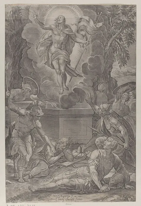 Framed Print : The Ressurection, with soldiers in various stages of wakefulness in front of the tomb... 1565-83. Creator: Martino Rota Framed Print : The Ressurection, with soldiers in various stages of wakefulness in front of the tomb... 1565-83. Creator: Martino Rota