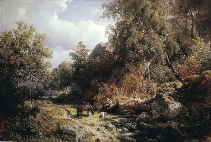 Framed Print : Rest at the Brook, 1860. Creator: Hans Gude Framed Print : Rest at the Brook, 1860. Creator: Hans Gude